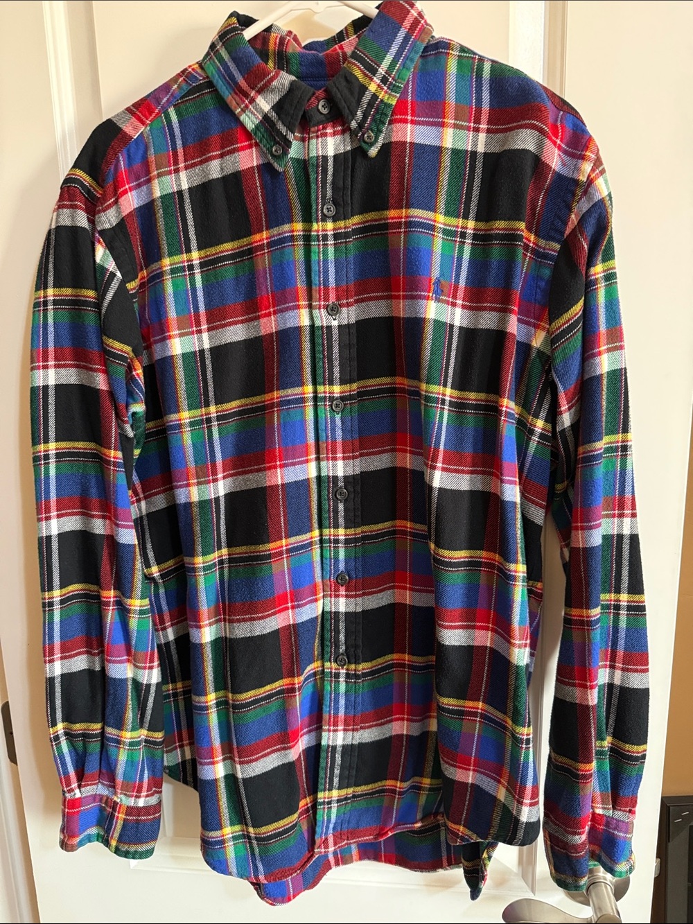 Ralph Lauren Plaid Button-Down Shirt with Black, Red, Blue, Yellow, & Green